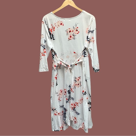 Empire Waist Faux Wrap Cream with Red & Blue Floral Print Dress - Picture 4 of 5